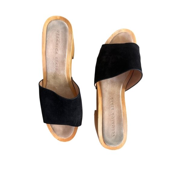 Veronica Beard Hannalee Suede Clogs Women 8 Black Wood Block Heel Platform Retro - Picture 9 of 14